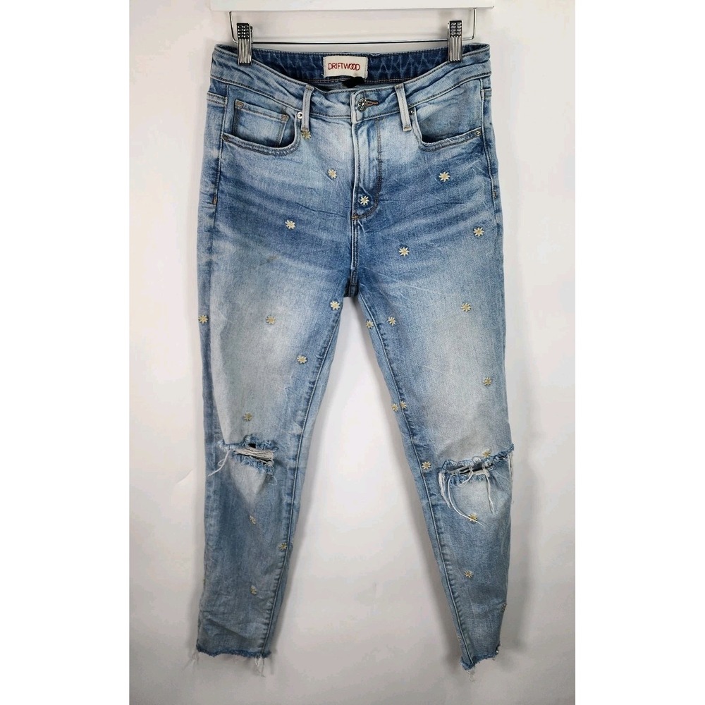 Driftwood Gizelle Embroidered Daisy Jeans Women's 26 Distressed Knee Floral